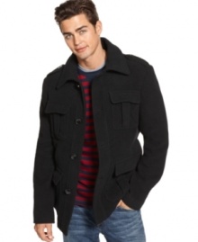 Drum up cold-weather comfort and spot-on style with this wool-blend military-style coat from Kenneth Cole.