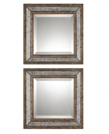 With traditional details like beveled glass, double row of pearl edging in antiqued gold leaf finish and finished with a dark gray wash, the sumptuously framed Norlina mirrors exude a regal, masculine presence ideal as accents to tie a traditional room together.