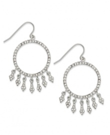 Piercing fashion from Lauren Ralph Lauren. These shimmering hoop earrings point the way with arrow-drop accents and pave embellishments. Crafted in rhodium-plated brass. Approximate drop: 1-1/2 inches. Approximate diameter: 1 inch.