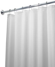 Protect your space from stray splashes! Featuring completely waterproof polyester with reinforced button holes and a structured top hem, this shower curtain liner keeps water inside the tub or shower where it belongs. Also features a clean finish for a luxurious look. Protect your space from stray splashes! Featuring completely waterproof polyester with reinforced button holes and a structured top hem, this shower curtain liner keeps water inside the tub or shower where it belongs. Also features a clean finish for a luxurious look.