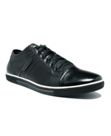 These Kenneth Cole leather men's sneakers get a revamped modern look in perforated leather with a smooth cap toe to put a little sleek in your step. These Kenneth Cole leather men's sneakers get a revamped modern look in perforated leather with a smooth cap toe to put a little sleek in your step.
