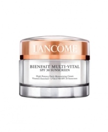 Bienfait Multi-Vital features a unique complex of nurturing Vitamins E, CG, and B5, plus high potency of moisturization for 24-hour ideal hydration. Your skin will look its healthy-best and feel touchably soft all day. With dermatologist recommended UVA/UVB SPF 30 sunscreen and essential anti-oxidant protection, Bienfait Multi-Vital gives your skin what it needs to help fight the visible effects of environmental skin damage. Apply this hydrating cream every day on your face and throat before sun exposure. Bienfait Multi-Vital features a unique complex of nurturing Vitamins E, CG, and B5, plus high potency of moisturization for 24-hour ideal hydration. Your skin will look its healthy-best and feel touchably soft all day. With dermatologist recommended UVA/UVB SPF 30 sunscreen and essential anti-oxidant protection, Bienfait Multi-Vital gives your skin what it needs to help fight the visible effects of environmental skin damage. Apply this hydrating cream every day on your face and throat before sun exposure.