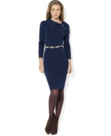 Lauren Ralph Lauren's soft knit cotton dress is detailed with signature shank buttons at the shoulder for casual style. Lauren Ralph Lauren's soft knit cotton dress is detailed with signature shank buttons at the shoulder for casual style.