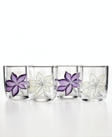 Hand-painted purple and white flowers flourish on this set of Anna Plum double old-fashioned drinking glasses to complement the Laurie Gates dinnerware pattern. Hand-painted purple and white flowers flourish on this set of Anna Plum double old-fashioned drinking glasses to complement the Laurie Gates dinnerware pattern.
