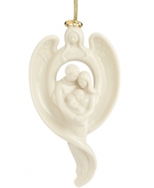 A lovely family of three is being watched over by an angel in this porcelain ornament from Lenox. With gold hanging thread.