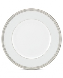 Spun with shimmering platinum, the Belle Haven accent plate by Lenox has all the elegance of white china – with a playful twist! Delicate beading and an extra flourish add to its enchanting style. Spun with shimmering platinum, the Belle Haven accent plate by Lenox has all the elegance of white china – with a playful twist! Delicate beading and an extra flourish add to its enchanting style.