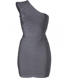 Channel the look of the moment in this Herv? L?ger figure-enhancing bandage dress featuring an on-trend asymmetrical neckline - One-shoulder bodice with seaming details, figure-enhancing bandage panels, back and side seam details, concealed back zip closure - Style with statement heels and a bold bangle