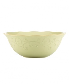 With fanciful beading and a feminine edge, this Lenox French Perle serving bowl has an irresistibly old-fashioned sensibility. Hard-wearing stoneware is dishwasher safe and, in a soft pistachio hue with antiqued trim, a graceful addition to every meal. Qualifies for Rebate