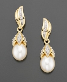 Drop earrings that sparkle with elegance. Cultured freshwater pearls (8 mm) and round-cut diamonds (1/5 ct. t.w.) are set in 14k gold. Drop earrings that sparkle with elegance. Cultured freshwater pearls (8 mm) and round-cut diamonds (1/5 ct. t.w.) are set in 14k gold.