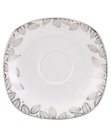 Clusters of gleaming leaves rain down on this white bone china saucer, trimmed in platinum. From Lenox Lifestyle dinnerware, these dishes are playfully modern and naturally chic, and have an enchanting look that's fresh and perfect for every occasion. Qualifies for Rebate Clusters of gleaming leaves rain down on this white bone china saucer, trimmed in platinum. From Lenox Lifestyle dinnerware, these dishes are playfully modern and naturally chic, and have an enchanting look that's fresh and perfect for every occasion. Qualifies for Rebate