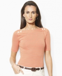 Finished with button detailing at the shoulders, Lauren by Ralph Lauren's boatneck top is crafted from striped cotton for a nautical look.