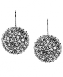 Filled with shimmering intrigue, these Vince Camuto earrings feature crystal pave stones on drop discs. Crafted in rhodium-plated mixed metal. Approximate drop: 1-1/4 inches.