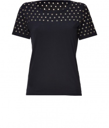 With its easy fit and cool peek-a-boo eyelet embellishment, Josephs cotton tee is an edgy choice for dressing up your casual daytime looks - Wide neckline, short sleeves, gold-toned eyelet-embellished top - Loosely fitted - Wear with leather leggings and favorite flats