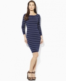 A ribbed cotton dress is made into a casual wardrobe staple with a chic boatneck and raglan sleeves, from Lauren Jeans Co. A ribbed cotton dress is made into a casual wardrobe staple with a chic boatneck and raglan sleeves, from Lauren Jeans Co.
