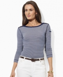 Lauren Jeans Co.'s cotton jersey top is infused with nautical inspiration, rendered with a contrasting bateau neckline and chic buttons at the shoulders.