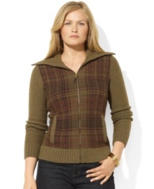 Knit in cozy lambswool, Lauren Ralph Lauren's full zip plus size cardigan is finished with a muted plaid pattern at the front and chunky knit funnel neckline for style and warmth.