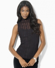 Lauren Ralph Lauren's stretch ribbon lace construction lends a chic and glamorous update to this stunning mockneck top.