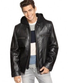 Ride into the weekend in sleek, rugged style when you zip up in this luxuriously soft leather jacket from Guess. Ride into the weekend in sleek, rugged style when you zip up in this luxuriously soft leather jacket from Guess.