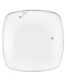 Shimmering droplets trickle in from the platinum-banded edges of this white square platter, perfect for entertaining. A playful hummingbird flies in for all of the festivities. From Lenox's Enchanted Seasons collection of serveware and serving dishes. Qualifies for Rebate Shimmering droplets trickle in from the platinum-banded edges of this white square platter, perfect for entertaining. A playful hummingbird flies in for all of the festivities. From Lenox's Enchanted Seasons collection of serveware and serving dishes. Qualifies for Rebate