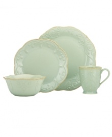 With fanciful beading and feminine shapes, Lenox French Perle place settings have an irresistibly old-fashioned sensibility. Hard-wearing stoneware is dishwasher safe and, in an ethereal ice-blue hue with antiqued trim, a graceful addition to every meal. Qualifies for Rebate With fanciful beading and feminine shapes, Lenox French Perle place settings have an irresistibly old-fashioned sensibility. Hard-wearing stoneware is dishwasher safe and, in an ethereal ice-blue hue with antiqued trim, a graceful addition to every meal. Qualifies for Rebate