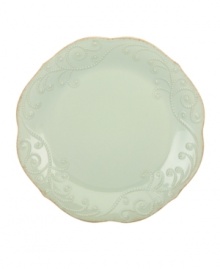 With fanciful beading and a feminine edge, Lenox French Perle dinner plates have an irresistibly old-fashioned sensibility. Hardwearing stoneware is dishwasher safe and, in an ethereal ice-blue hue with antiqued trim, a graceful addition to every meal. Qualifies for Rebate With fanciful beading and a feminine edge, Lenox French Perle dinner plates have an irresistibly old-fashioned sensibility. Hardwearing stoneware is dishwasher safe and, in an ethereal ice-blue hue with antiqued trim, a graceful addition to every meal. Qualifies for Rebate