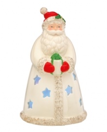 He has that cheery Christmastime glow. Stars in Santa's coat reveal a light from within this beautiful porcelain figurine from Lenox. With festive red, green and gold glitter detail. Qualifies for Rebate