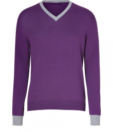 Both bright and contemporary with its deep lilac hue, Etros V-neck pullover is as chic as it is versatile - V-neckline, long sleeves, grey trim - Modern slim fit - Wear with tailored trousers and a sleek button-down Both bright and contemporary with its deep lilac hue, Etros V-neck pullover is as chic as it is versatile - V-neckline, long sleeves, grey trim - Modern slim fit - Wear with tailored trousers and a sleek button-down