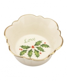 Made with love. This tiny porcelain dish from Lenox's collection of serveware and serving dishes is trimmed with gold and a holly motif to match the beloved Holiday dinnerware collection. Made with love. This tiny porcelain dish from Lenox's collection of serveware and serving dishes is trimmed with gold and a holly motif to match the beloved Holiday dinnerware collection.
