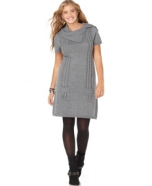 A cabled front and patch pockets highlight the short sleeve plus size sweaterdress from Love Squared-- it's super cute for fall! (Clearance)