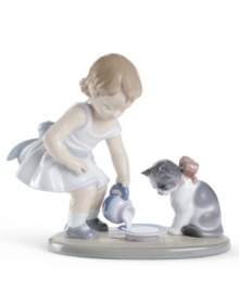 An adorable little girl dotes on her kitten, both the picture of innocence in exquisite, softly shaded Lladro porcelain. An adorable little girl dotes on her kitten, both the picture of innocence in exquisite, softly shaded Lladro porcelain.