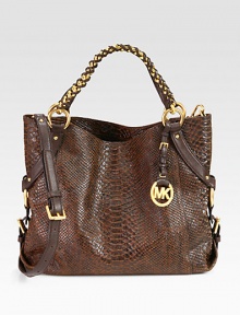 A roomy carryall in luxurious python embossed leather with supple leather trim and radiant hardware.Double leather and chain top handles, 7 dropDetachable adjustable leather shoulder strap, 19-23 dropMagnetic snap closureOne inside zip pocketOne outside open compartmentFour inside open pocketsCotton lining14W X 11½H X 3¾DImported A roomy carryall in luxurious python embossed leather with supple leather trim and radiant hardware.Double leather and chain top handles, 7 dropDetachable adjustable leather shoulder strap, 19-23 dropMagnetic snap closureOne inside zip pocketOne outside open compartmentFour inside open pocketsCotton lining14W X 11½H X 3¾DImported