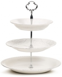 Embossed vines, graceful beading and gently distressed accents give the Blanc 3-tier server the classic, romantic feel of Maison Versailles dinnerware. With sculpted, silvertone metal handle. Embossed vines, graceful beading and gently distressed accents give the Blanc 3-tier server the classic, romantic feel of Maison Versailles dinnerware. With sculpted, silvertone metal handle.