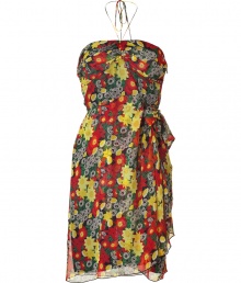 Vibrant florals take a graphic, retro-glam turn with Anna Suis multicolor strapless silk dress - Cheerfully chic in a vibrant yellow, red and green poppy print - Double layer style, with a draped bustier bodice and a halter tie neck - Bow wrap embellishment and zip at side - Skirt hits above the knee - perfect for parties and summer evenings out - Pair with peep toe pumps, wedges or sandals and a clutch