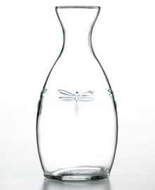 A festive addition to meals enjoyed al fresco, Dragonfly glassware stars one bug you won't mind in your drink. This carafe features a raised dragonfly, a symbol of water and the rebirth of spring. Made of thick, sturdy glass for everyday enjoyment. A festive addition to meals enjoyed al fresco, Dragonfly glassware stars one bug you won't mind in your drink. This carafe features a raised dragonfly, a symbol of water and the rebirth of spring. Made of thick, sturdy glass for everyday enjoyment.