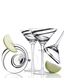 A ribbon of black in clear glass adds bold style to any martini, shaken or stirred. With a thick sham and sturdy construction, this martini glass is a sophisticated twist on the ordinary. A ribbon of black in clear glass adds bold style to any martini, shaken or stirred. With a thick sham and sturdy construction, this martini glass is a sophisticated twist on the ordinary.