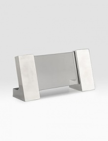 A pair of glass plates are suspended between thick, heavy alloy to display a favorite photo at a slight angle, enhancing its visibility. Accommodates a 4 X 6 photograph Wipe clean Imported 