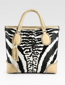 Lush zebra-print haircalf pairs with woven leather in this roomy carryall.Double top handles, 5 dropTop hook closureProtective metal feetOne inside zip pocketTwo inside open pocketsLinen lining13¼W X 12H X 5DMade in Italy Lush zebra-print haircalf pairs with woven leather in this roomy carryall.Double top handles, 5 dropTop hook closureProtective metal feetOne inside zip pocketTwo inside open pocketsLinen lining13¼W X 12H X 5DMade in Italy