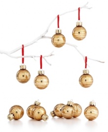 In gold glass with swirls of shimmering glitter, these Martha Stewart Collection mini ornaments add stunning shine all around your tree.