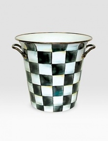 Hand-painted checks with subtle hints of jewel-tone color in a traditional shape that adds a gracious touch to entertaining. Hand-painted checks on enameled steel Antiqued brass handles and rim 8H X 8½ diam. Hand washing recommended Imported Hand-painted checks with subtle hints of jewel-tone color in a traditional shape that adds a gracious touch to entertaining. Hand-painted checks on enameled steel Antiqued brass handles and rim 8H X 8½ diam. Hand washing recommended Imported