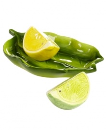 Irresistibly bright, fun and teeming with figural detail, the Lemon Lime salt and pepper shakers from Martha Stewart Collection go a long way in reviving casual kitchens and tables. With figural leaf dish. Irresistibly bright, fun and teeming with figural detail, the Lemon Lime salt and pepper shakers from Martha Stewart Collection go a long way in reviving casual kitchens and tables. With figural leaf dish.