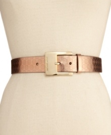 Metallic shine showcases the logo detail on this MICHAEL Michael Kors belt. An oversized buckle finished off the bold look. Metallic shine showcases the logo detail on this MICHAEL Michael Kors belt. An oversized buckle finished off the bold look.