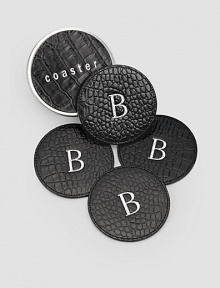 Water-treated coasters are crafted by hand in croco-embossed leather with non-skid bottoms to keep drinks in place and furniture safe. Set of four coasters arrive in a coordinating leather box for presentation and storage. Set of 4 4 diam. Made USA FOR PERSONALIZATION Select a quantity, then scroll down and click on PERSONALIZE & ADD TO BAG to choose and preview your personalization options. Please allow 1 week for delivery. Water-treated coasters are crafted by hand in croco-embossed leather with non-skid bottoms to keep drinks in place and furniture safe. Set of four coasters arrive in a coordinating leather box for presentation and storage. Set of 4 4 diam. Made USA FOR PERSONALIZATION Select a quantity, then scroll down and click on PERSONALIZE & ADD TO BAG to choose and preview your personalization options. Please allow 1 week for delivery.