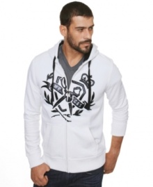 This hoodie by Mark Ecko Cut & Sew with unique faux leather detail on front makes this a fashion standout. This hoodie by Mark Ecko Cut & Sew with unique faux leather detail on front makes this a fashion standout.