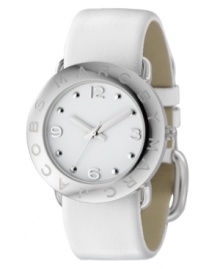 In fresh white, this chic and elegant watch from Marc Jacobs glows with understated style. White leather strap. Silvertone stainless steel round case and round white dial with logo and numeral indices. Quartz movement. Water resistant to 30 meters. Two-year limited warranty.