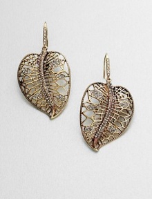 Nature beckons with this dazzling stone accented leaf design. Glass stonesAntique-finished goltoneLength, about 2.25Hook backImported Nature beckons with this dazzling stone accented leaf design. Glass stonesAntique-finished goltoneLength, about 2.25Hook backImported