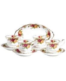 An English classic. With the same colorful blossoms, fine bone china and lustrous gold banding of Old Country Roses dinnerware, Royal Albert's expansive hostess set sets a tone of traditional elegance. Perfect for afternoon tea. An English classic. With the same colorful blossoms, fine bone china and lustrous gold banding of Old Country Roses dinnerware, Royal Albert's expansive hostess set sets a tone of traditional elegance. Perfect for afternoon tea.