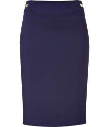 Elevate your party-ready separates with this figure-hugging pencil skirt from Versace - Wide waistband with logo button detail, pencil silhouette, back vent, concealed back zip closure - Style with a tie-neck blouse, a blazer, and platform heels