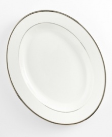 Bright fine china is simply adorned with a band of platinum for an unforgettably elegant table. The Cameo Platinum design from Mikasa's dinnerware and dishes collection is perfect for formal dinners, teas, and luncheons. This platter's wide rim and flowing lines add a graceful touch to your table. Bright fine china is simply adorned with a band of platinum for an unforgettably elegant table. The Cameo Platinum design from Mikasa's dinnerware and dishes collection is perfect for formal dinners, teas, and luncheons. This platter's wide rim and flowing lines add a graceful touch to your table.