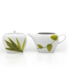 Forever spring. Bright new leaves plucked just for your table drape this sugar and creamer for a fresh, modern look. From Mikasa dinnerware, the dishes of this Daylight set are durable and stylish in white porcelain, both feature smooth, fluid shapes that broaden from bottom to top. With a simple lid and loop handle. Forever spring. Bright new leaves plucked just for your table drape this sugar and creamer for a fresh, modern look. From Mikasa dinnerware, the dishes of this Daylight set are durable and stylish in white porcelain, both feature smooth, fluid shapes that broaden from bottom to top. With a simple lid and loop handle.