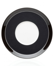 Circle 'round the table for a taste of retro fun! From Mikasa dinnerware, dishes like this porcelain tea saucer feature ebony rings in a mod pattern for festive everyday meals and entertaining. (Clearance) Circle 'round the table for a taste of retro fun! From Mikasa dinnerware, dishes like this porcelain tea saucer feature ebony rings in a mod pattern for festive everyday meals and entertaining. (Clearance)